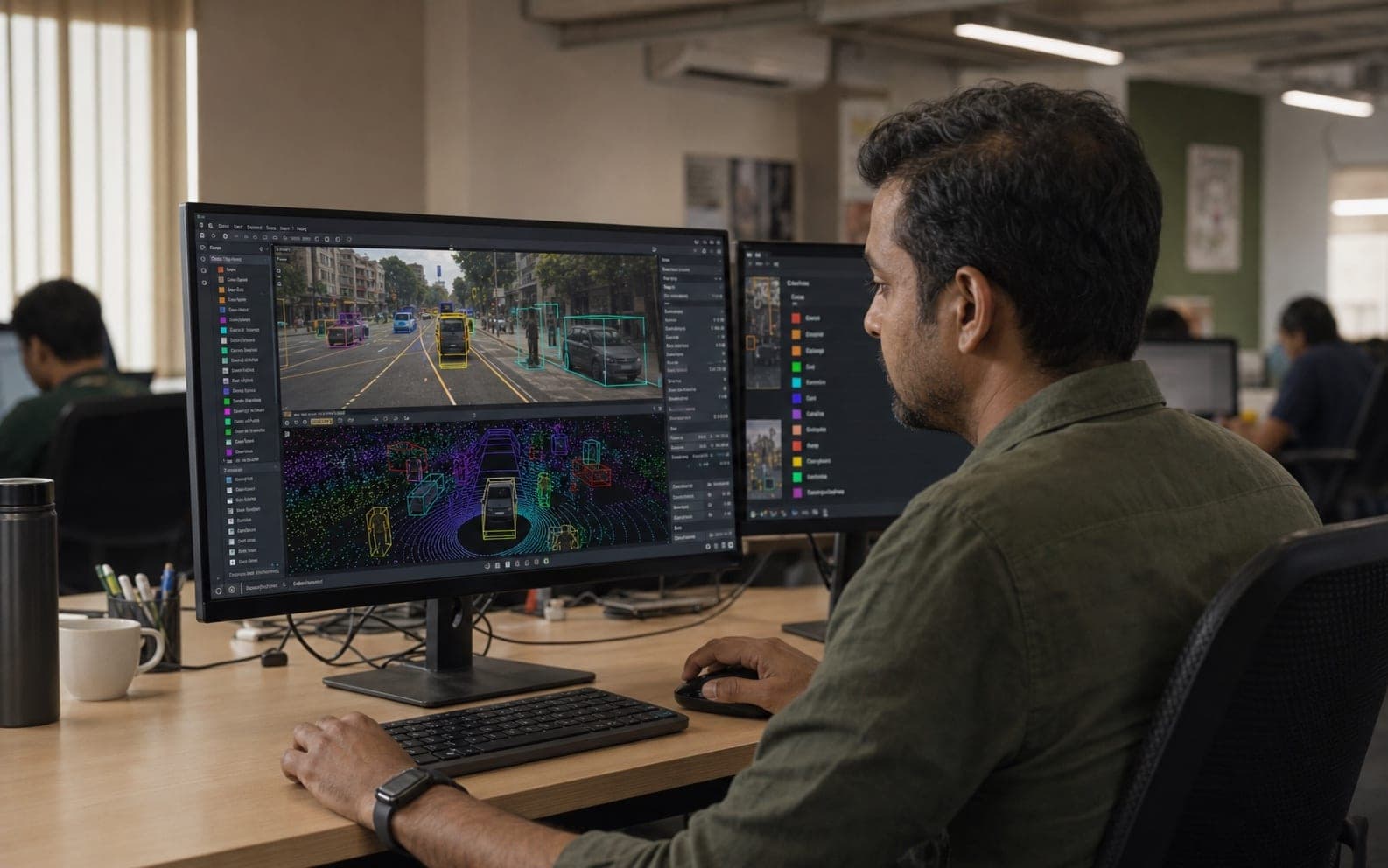 IndiVillage AV specialist reviewing multi-sensor street-scene annotation with camera-LiDAR fused overlays on workstation
