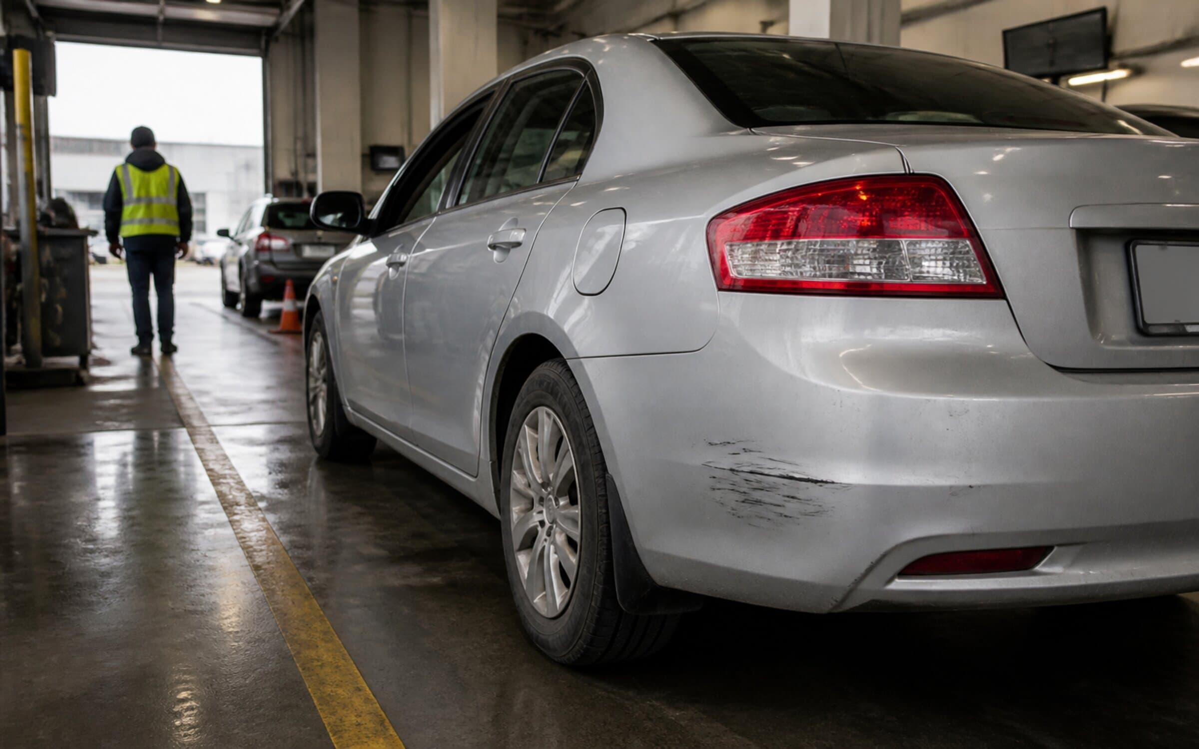 Mid-life passenger vehicle in an inspection-bay environment with a visible scuffed bumper, showing the everyday damage-detection data Baywatch's models classify at frame level.