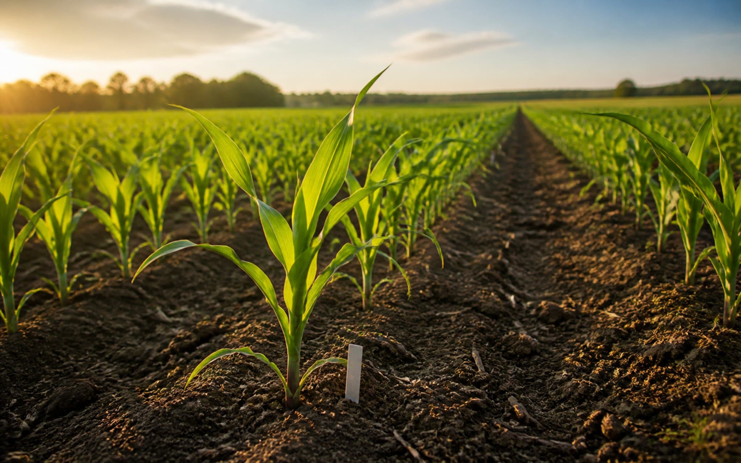 Early-season corn rows in a seed-trial plot, showing the field-level precision behind Beck's Hybrids' crop annotation work.