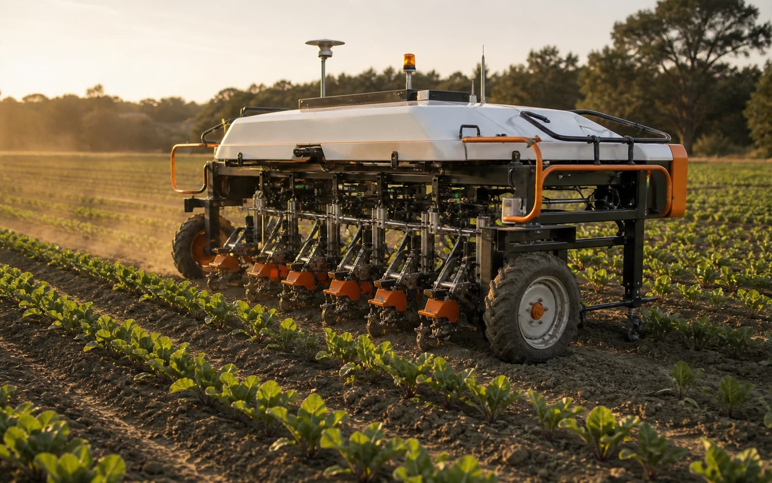 An in-row agricultural robot operating between vegetable rows, showing the field-robotics context behind FarmWise's crop, weed and beneficial annotation taxonomy.