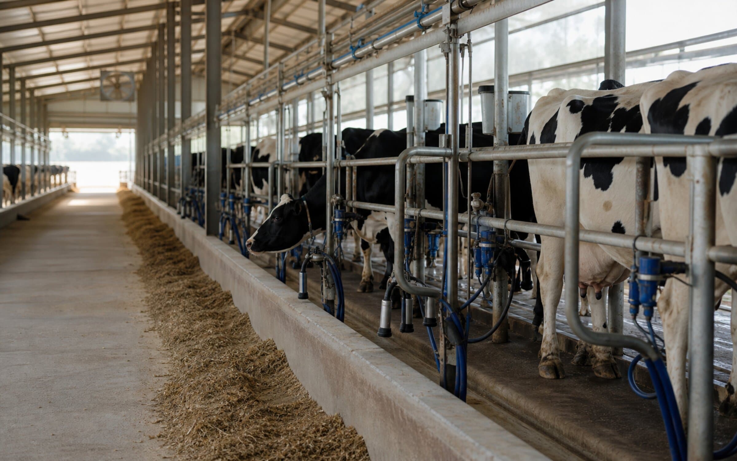 Holstein cows in a modern milking parlour, showing the working environment Herd-i monitors through 10K clips per week of dairy video.