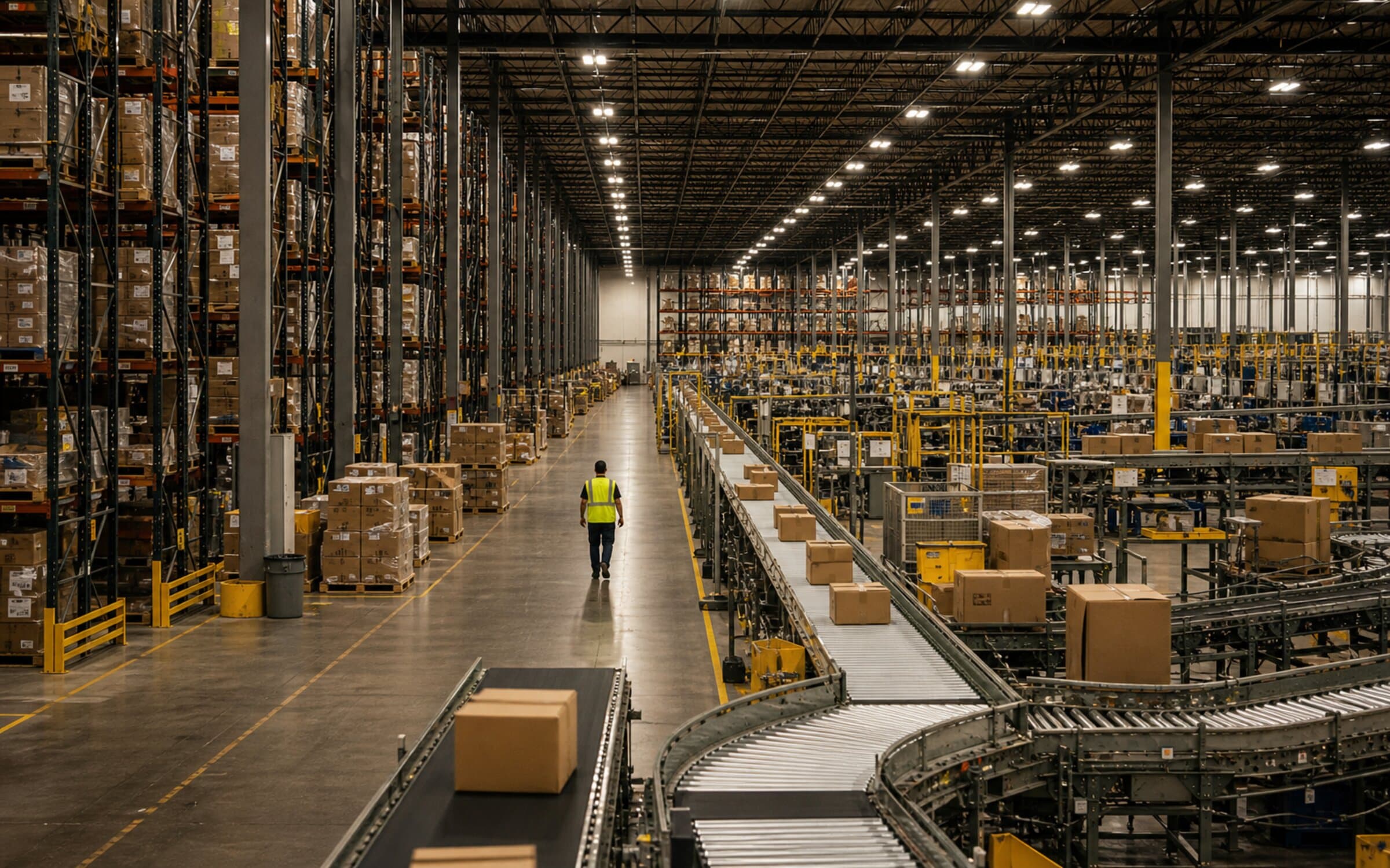 Wide interior of a large fulfilment warehouse with a single worker mid-frame, showing the scale at which the 53M-SKU onboarding programme operates.