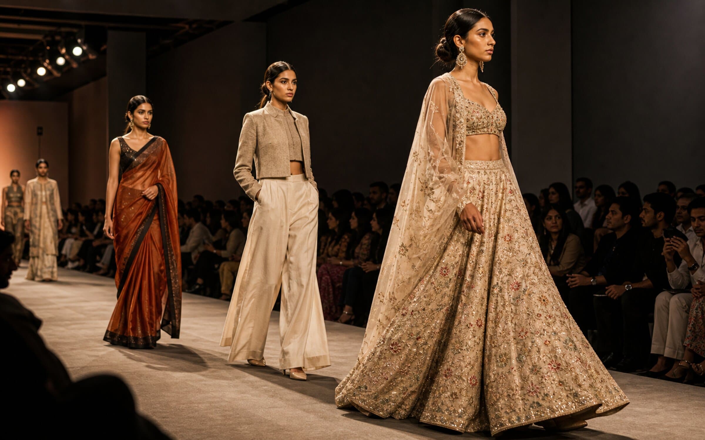 NIFT runway photography showing varied garment types at a fashion institute show, the kind of imagery feeding the 113-class fashion taxonomy.