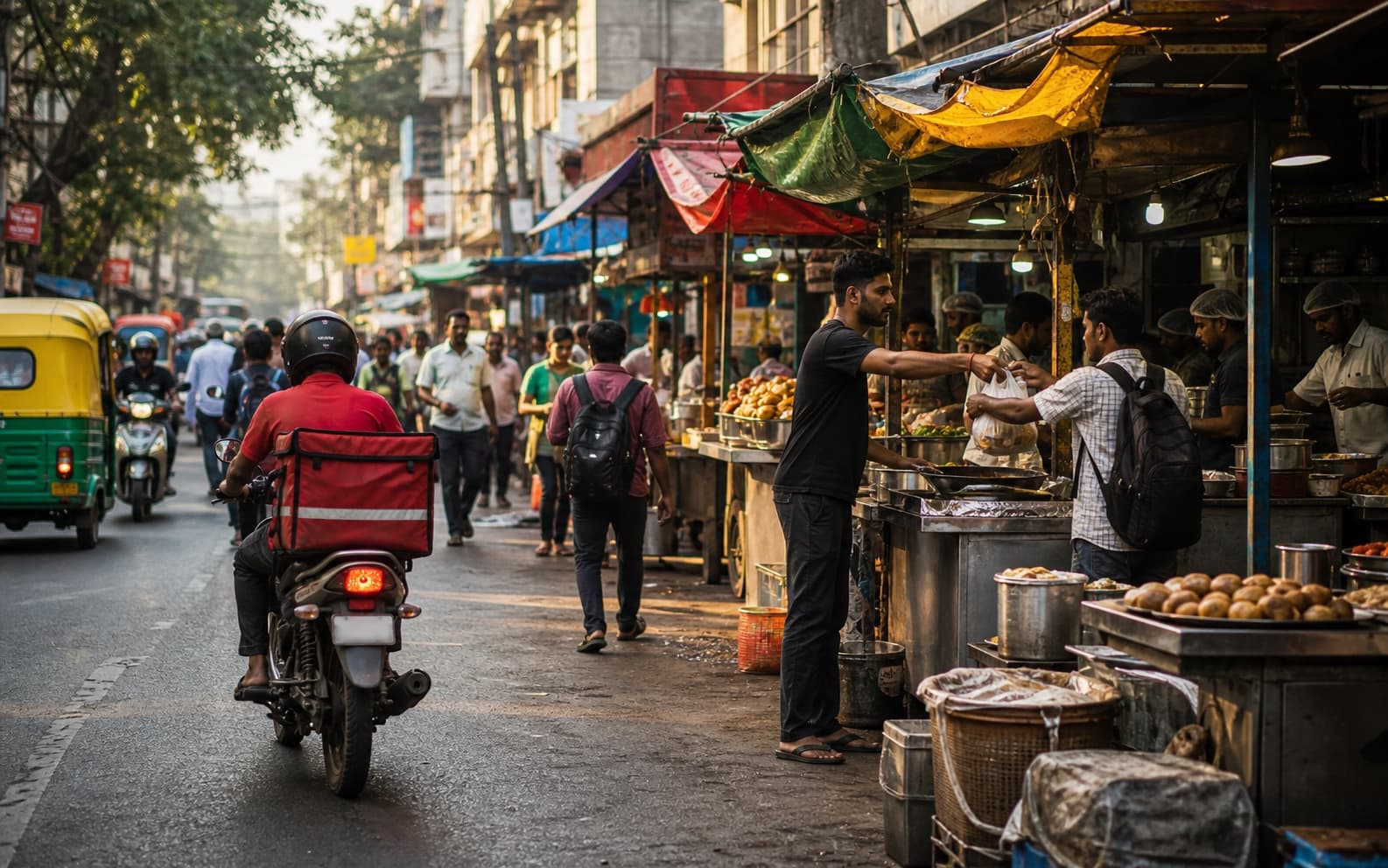 Street-level photograph of an Indian urban food-delivery economy, showing the marketplace breadth Swiggy's 4M-listing competitive-intelligence engine ingests.