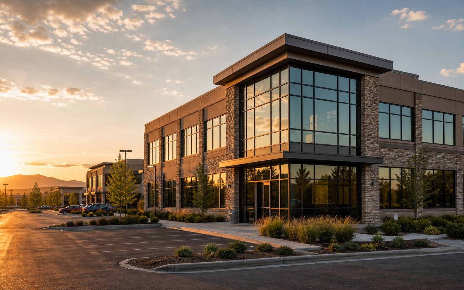 A commercial real-estate portfolio property at golden hour, showing the kind of asset Tiarna's lease-intelligence platform interprets across 100+ data points per lease.