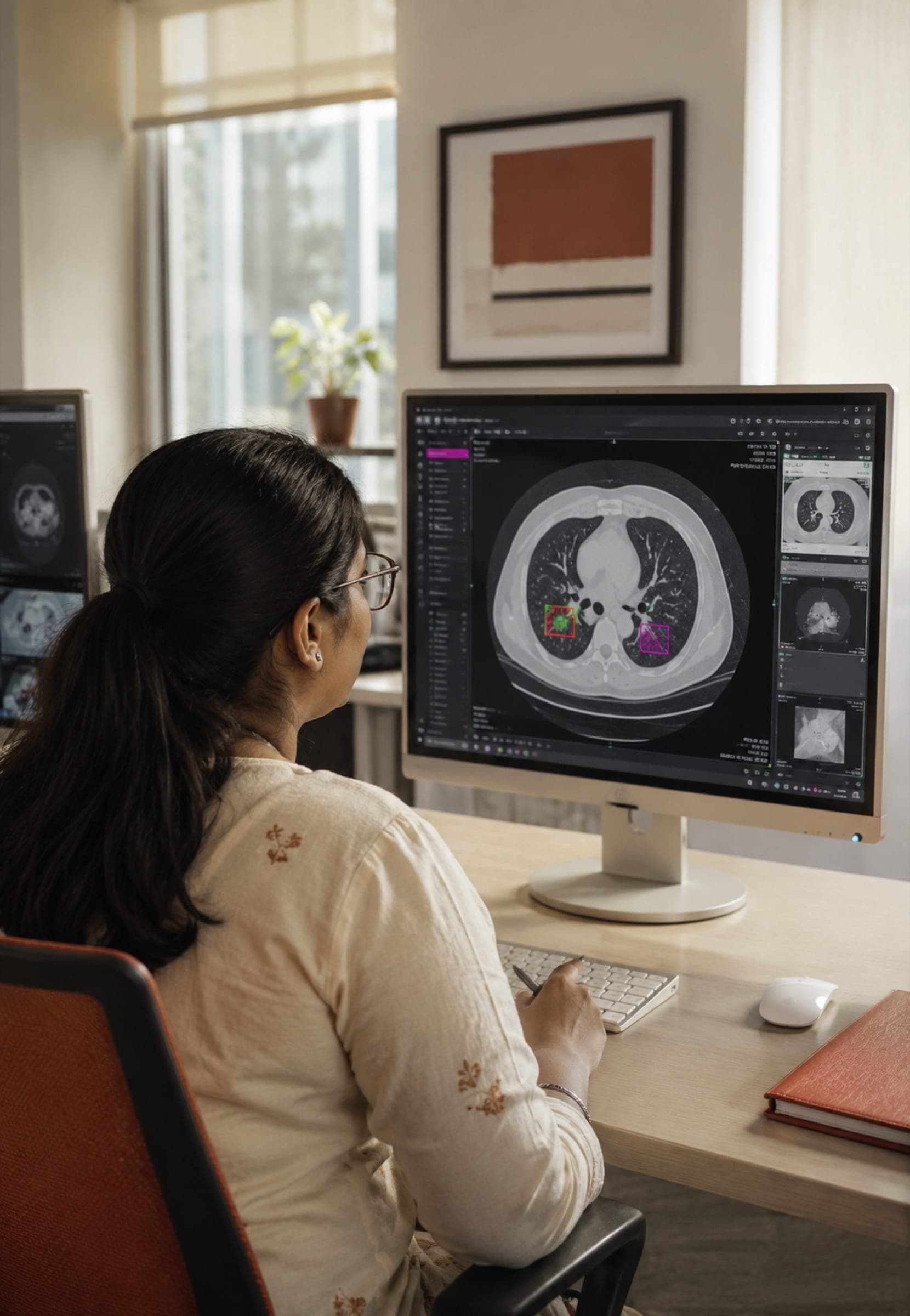IndiVillage clinical specialist annotating a CT scan with bounding-box overlays — anonymised, no patient-identifiable content