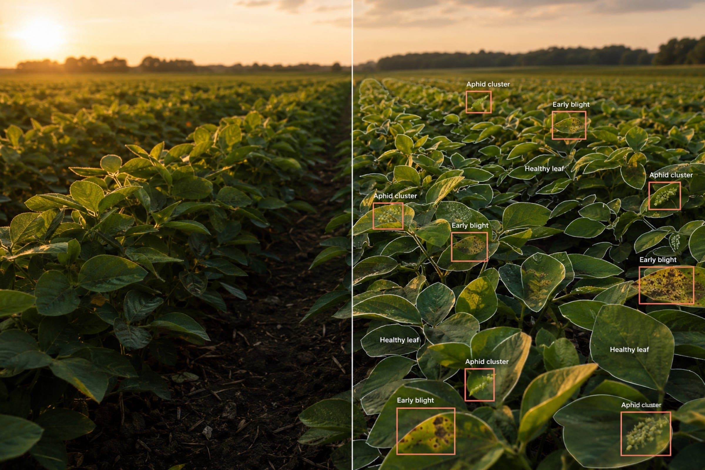Taranis soybean field — left: clean, right: bounding-box annotation labelling aphid clusters, early blight, and healthy leaf