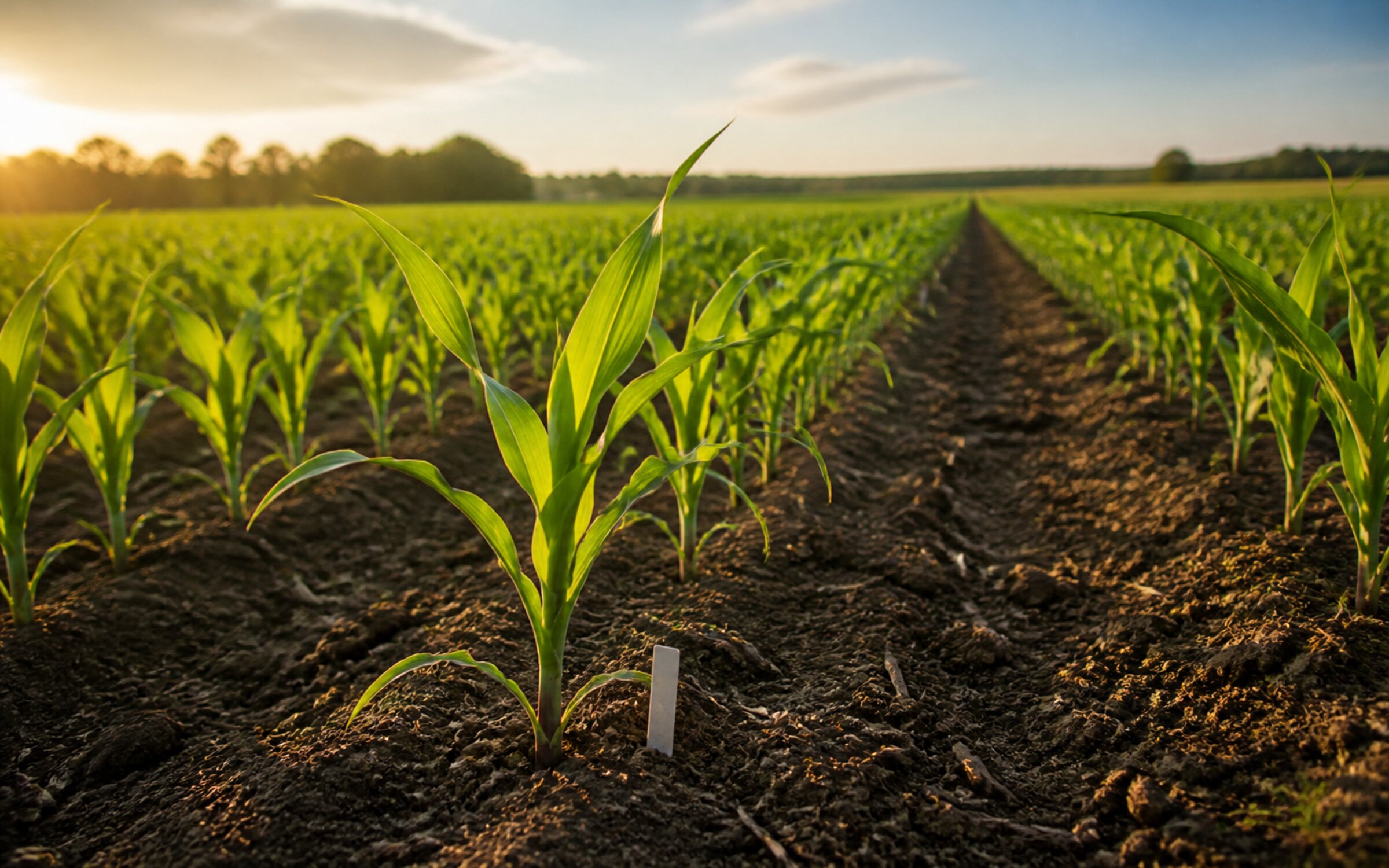 Early-season corn rows in a seed-trial plot, showing the field-level precision behind Beck's Hybrids' crop annotation work.